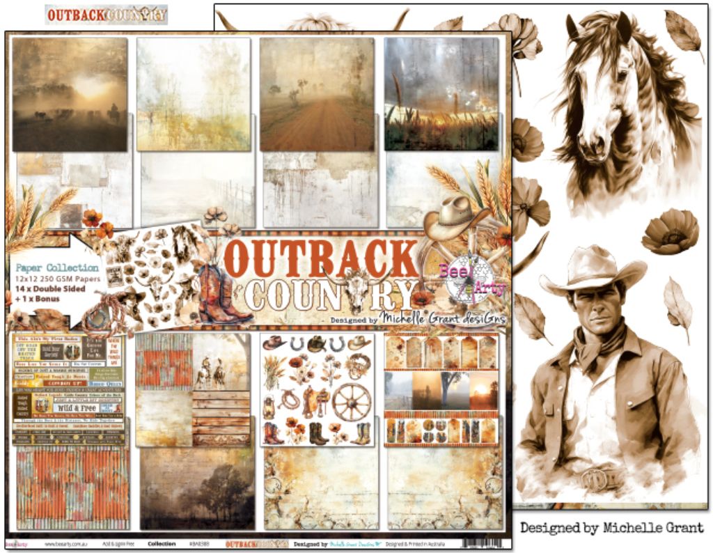 Bee Arty Outback Country cover sheet 12x12 showing collection overview with landscape scenes, textures and icons, plus reverse preview
