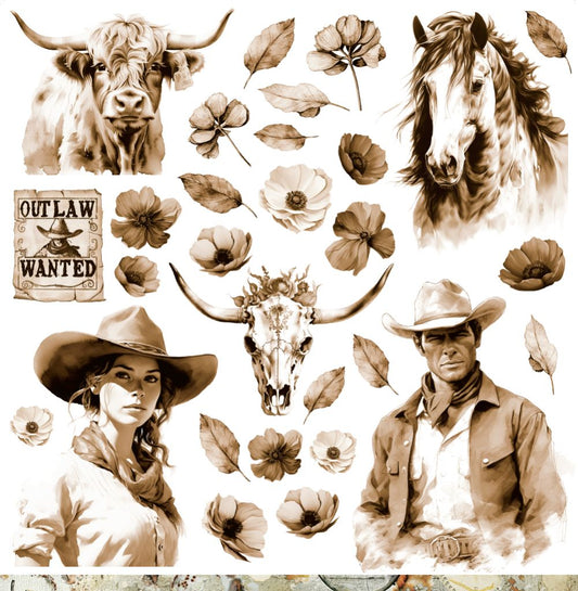 Outback Country cover sheet reverse with sepia watercolour stockmen, stockwomen, horses, cattle, flowers, feathers and wanted poster
