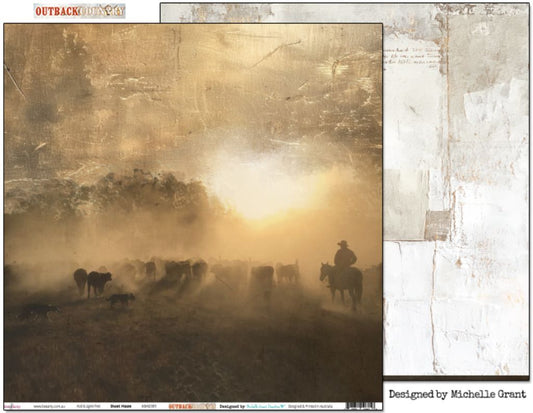 Bee Arty Dust Haze 12x12 double-sided paper showing front with stockman mustering cattle through golden dust with timber texture, plus reverse preview