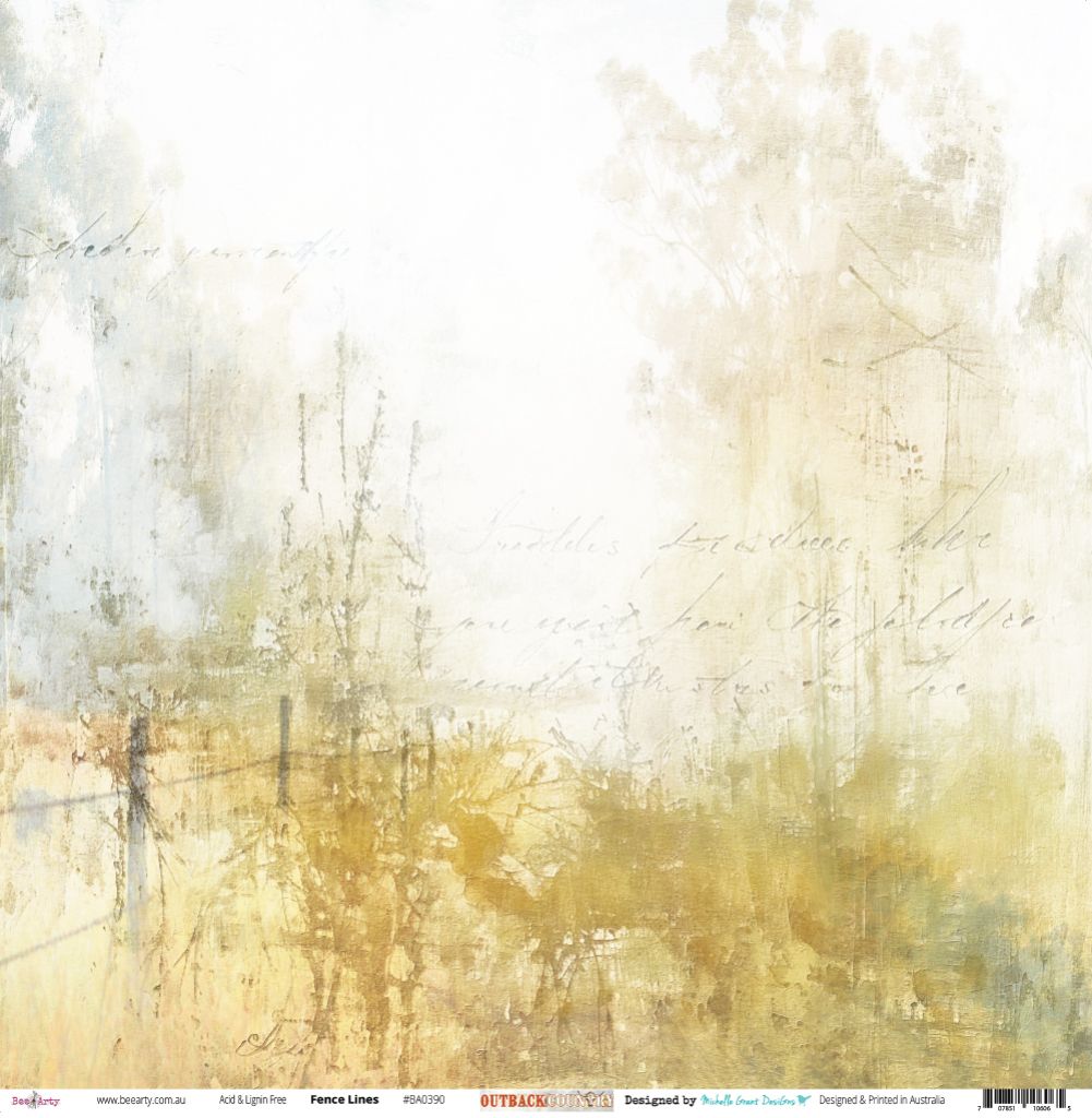 Fence Lines paper front side featuring dreamy soft-focus watercolour scene of misty paddock with rustic fence in golds, greens and creams