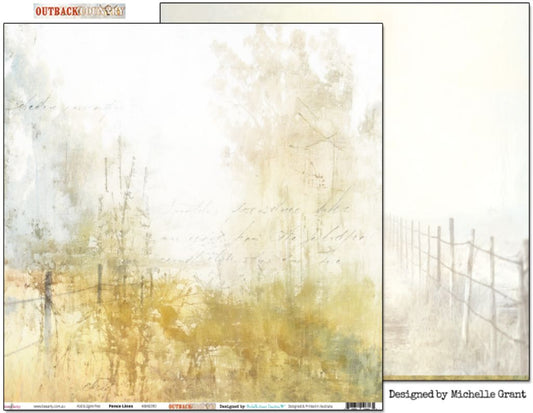 Bee Arty Fence Lines 12x12 double-sided paper showing front with soft watercolour misty paddock and fence with vintage script, plus reverse preview