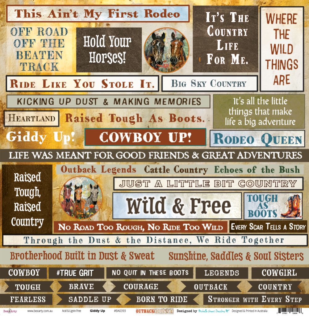Giddy Up paper front side featuring collage of country phrases including This Ain't My First Rodeo, Hold Your Horses, Raised Tough As Boots