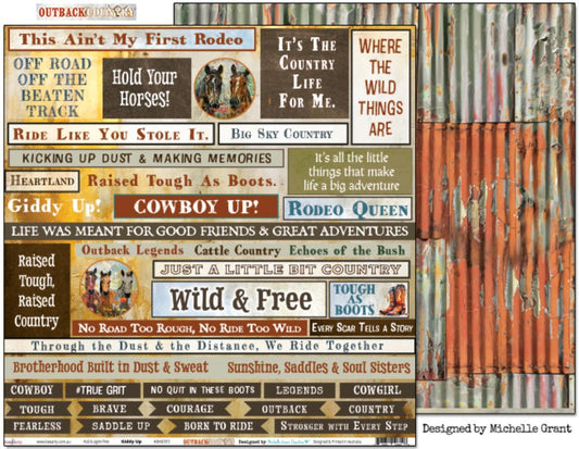 Bee Arty Giddy Up 12x12 double-sided paper showing front with country sayings like Cowboy Up, Wild & Free, Rodeo Queen, plus reverse preview