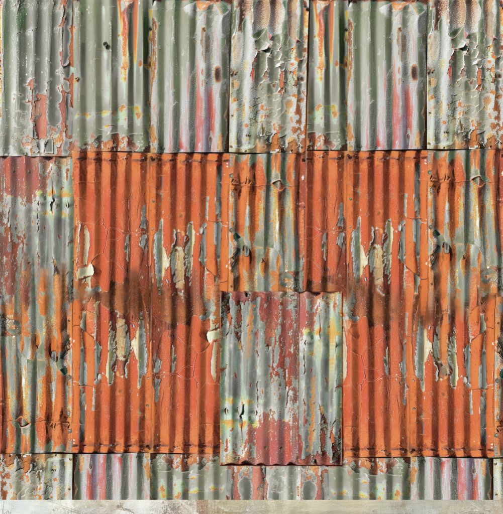 Giddy Up paper reverse side with realistic weathered corrugated iron texture in rusty orange and aged green with peeling paint