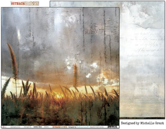 Bee Arty Golden Glow 12x12 double-sided paper showing front with golden wheat and grasses at sunset with timber texture, plus reverse preview
