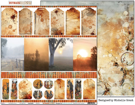 Bee Arty Heartland 12x12 double-sided paper showing front with vintage tags, atmospheric landscapes, horse portraits and outback scenes, plus reverse preview