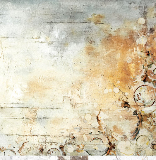 Heartland paper reverse side with weathered timber texture, coffee stains, paint splatters and vintage ephemera details in cream and gold