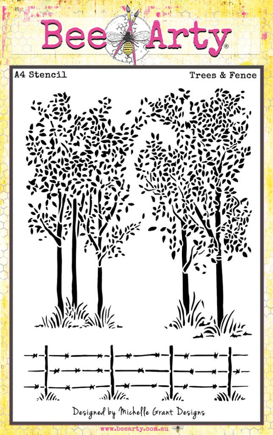 Bee Arty Trees and Fence A4 stencil showing detailed tree silhouettes with leafy canopies and barbed wire fence from Outback Country Collection