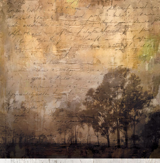 True Grit paper reverse side with watercolour tree silhouettes and vintage handwritten script overlay from Outback Country