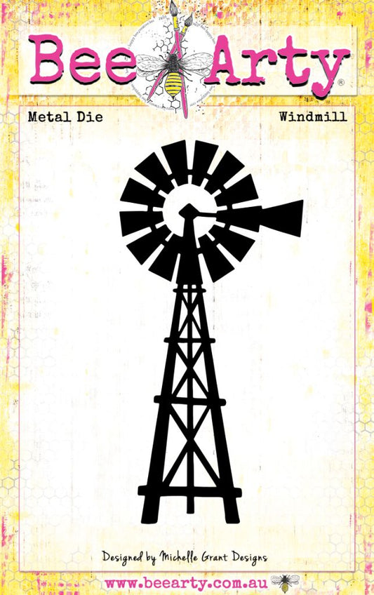 Bee Arty Windmill metal cutting die showing detailed farm windmill with spinning blades and lattice tower from Outback Country Collection