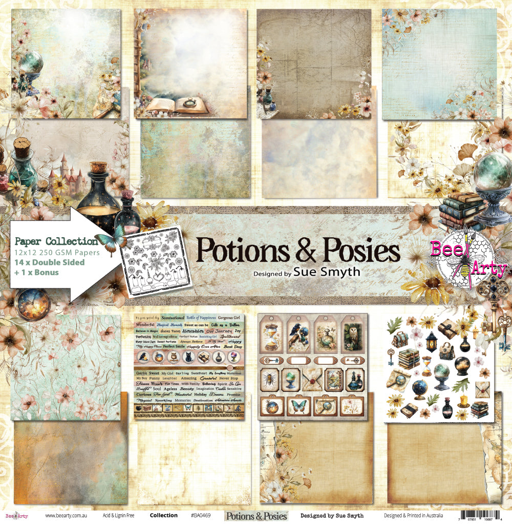  Front side of Bee Arty Potions and Posies Collection Cover 12x12 paper showing the decorative collection cover artwork