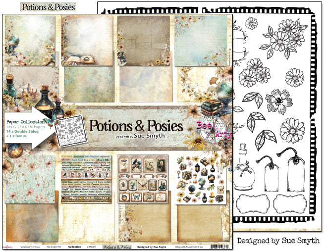 Bee Arty Potions and Posies Collection Cover 12x12 paper showing the full collection overview with all papers and bonus sheet