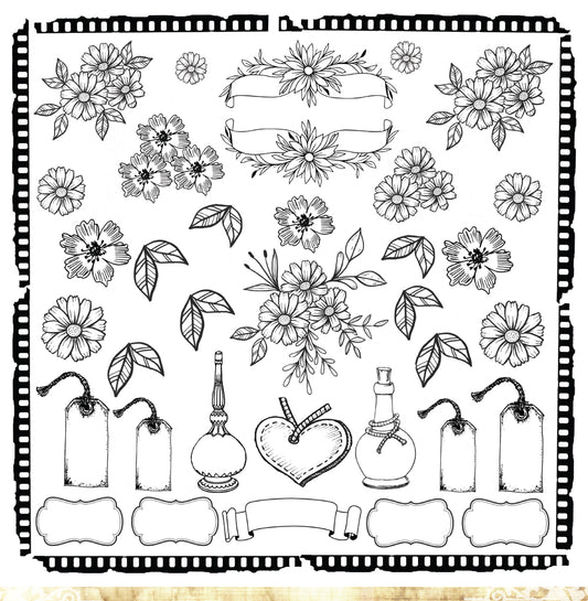 Reverse side of Bee Arty Potions and Posies Collection Cover 12x12 paper showing black and white line art florals potion bottles tags and labels ready to colour and cut
