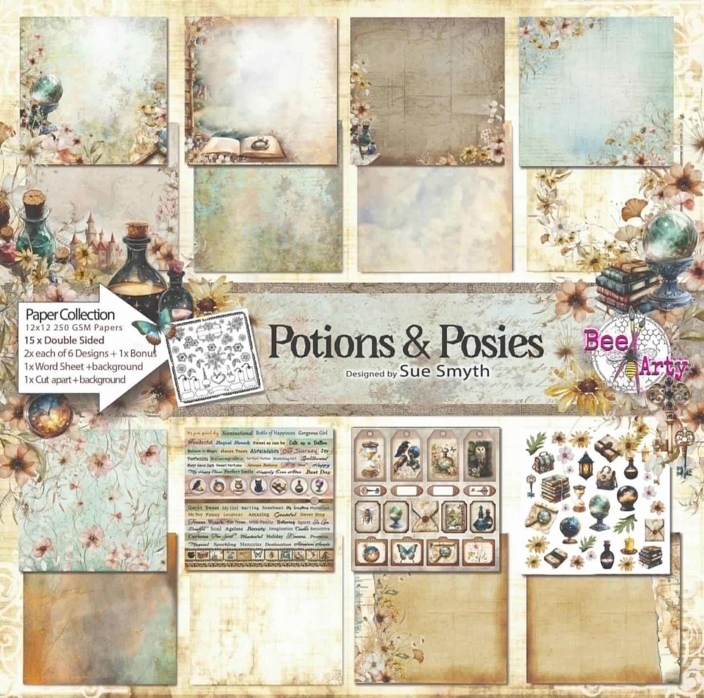Bee Arty Potions and Posies 12x12 paper collection pack showing all sheets including six designs word sheet herb garden and bonus cut and colour sheet