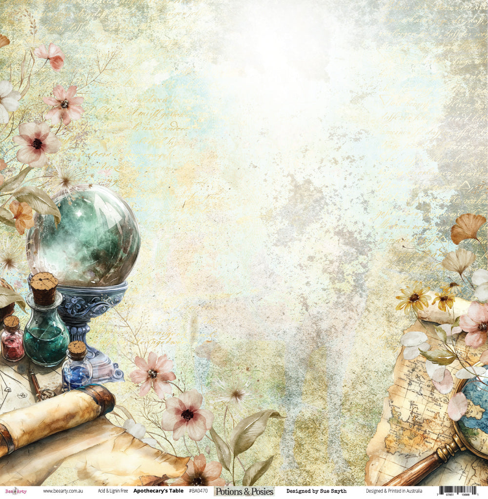 Front side of Bee Arty Potions and Posies Apothecary's Table 12x12 paper showing crystal ball on ornate stand coloured potion bottles rolled scrolls vintage map and scattered wildflowers on luminous aged plaster background