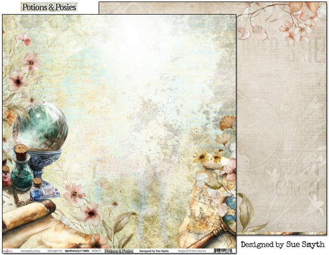 Bee Arty Potions and Posies Apothecary's Table 12x12 paper showing crystal ball and potion scene front alongside blush linen vintage map reverse