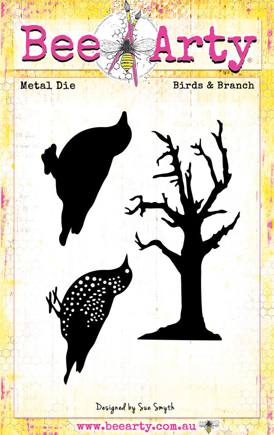 Bee Arty Birds and Branch Metal Die set showing two bird silhouette dies and a bare tree die from the Potions and Posies collection