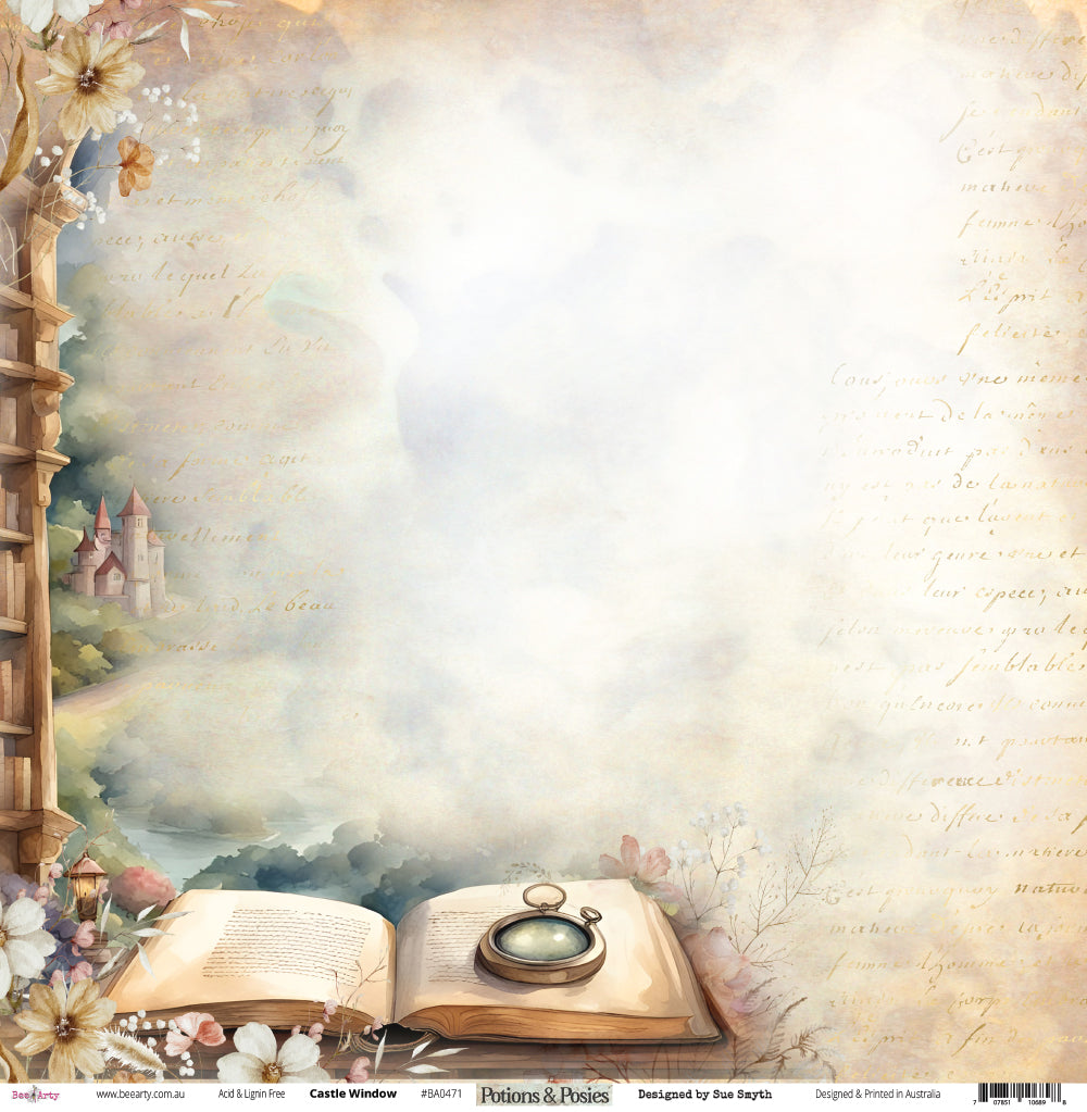 Front side of Bee Arty Potions and Posies Castle Window 12x12 paper showing luminous storybook scene with bookshelf florals fairytale castle open book pocket watch and vintage script