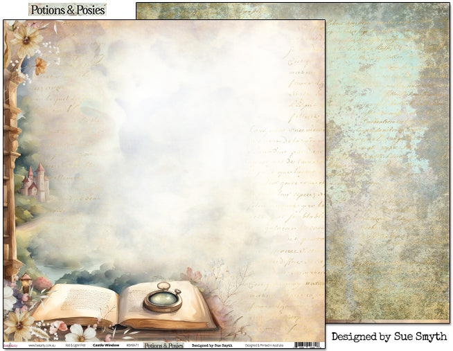 Bee Arty Potions and Posies Castle Window 12x12 paper showing storybook bookshelf and castle scene front alongside aged plaster script reverse