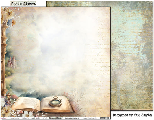 Bee Arty Potions and Posies Castle Window 12x12 paper showing storybook bookshelf and castle scene front alongside aged plaster script reverse