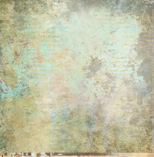 Reverse side of Bee Arty Potions and Posies Castle Window 12x12 paper showing aged plaster texture in sage green dusty teal and warm gold with handwritten vintage script