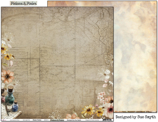 Bee Arty Potions and Posies Flower Potion 12x12 paper showing vintage map and floral corner cluster front alongside dreamy watercolour sky reverse