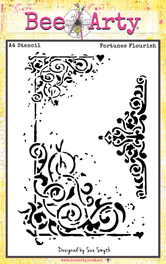 Bee Arty Fortunes Flourish A4 stencil showing ornate baroque scroll and flourish corner border design from the Potions and Posies collection