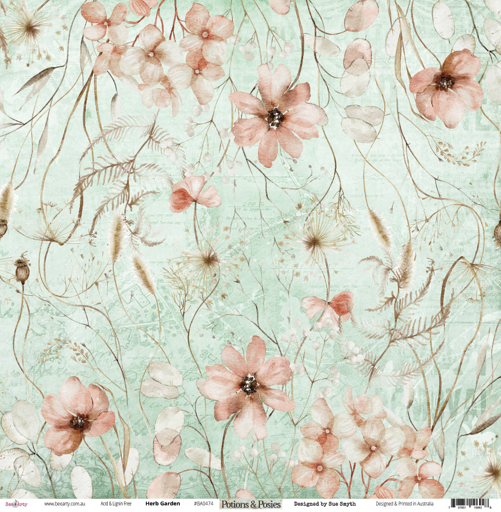 Front side of Bee Arty Potions and Posies Herb Garden 12x12 paper showing all-over botanical print with blush cosmos wildflowers seed heads and feathery grasses on sage green background