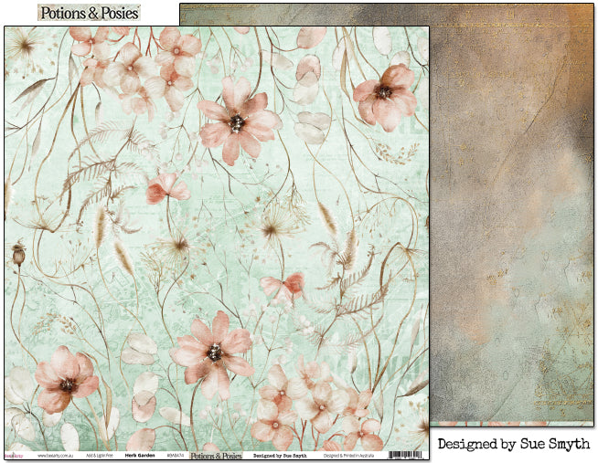 Bee Arty Potions and Posies Herb Garden 12x12 paper showing sage green botanical floral front alongside aged plaster texture reverse