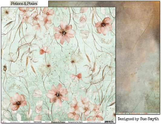 Bee Arty Potions and Posies Herb Garden 12x12 paper showing sage green botanical floral front alongside aged plaster texture reverse