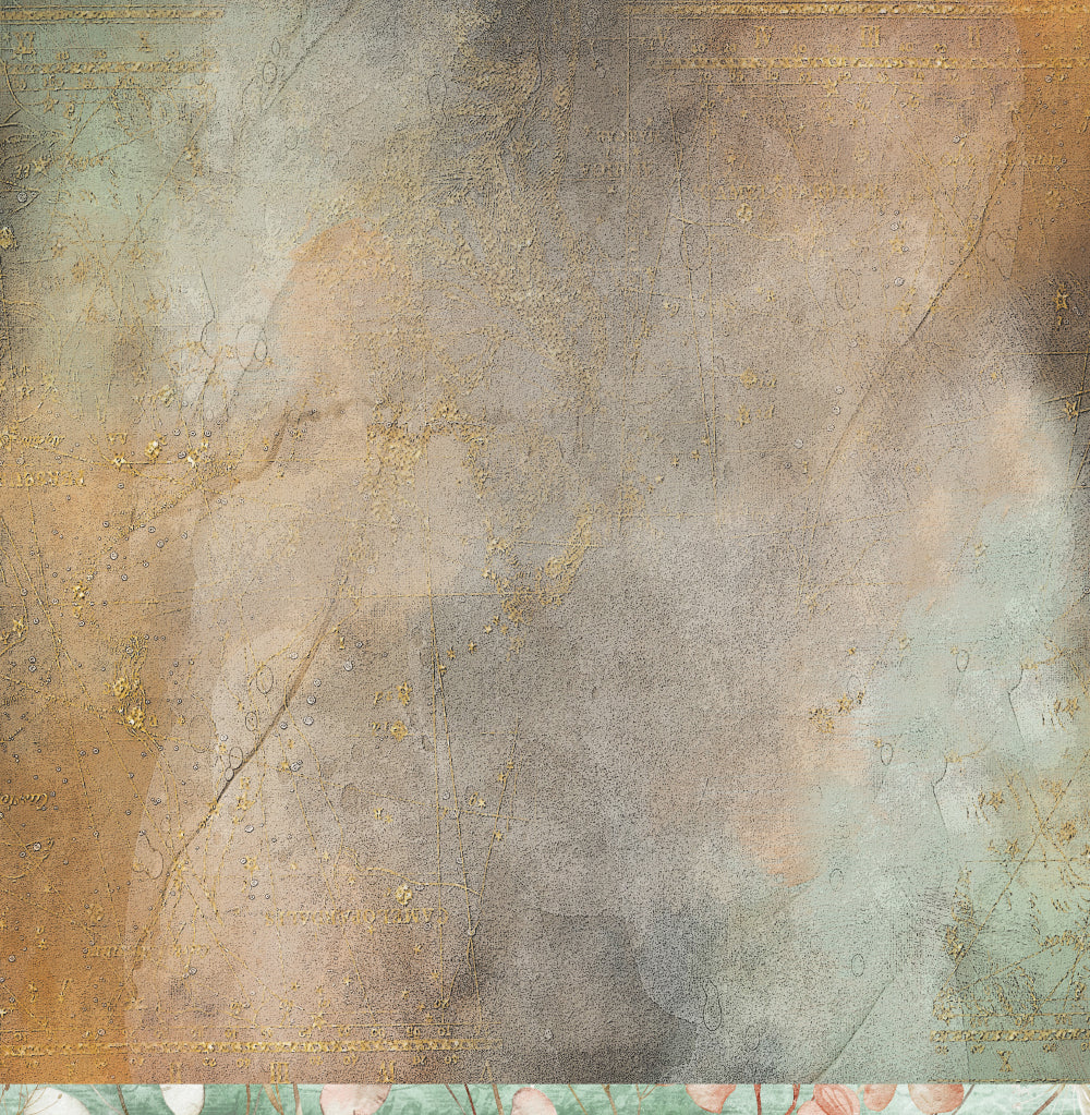 Reverse side of Bee Arty Potions and Posies Herb Garden 12x12 paper showing aged plaster texture in warm bronze copper and slate grey tones with subtle crackle detail