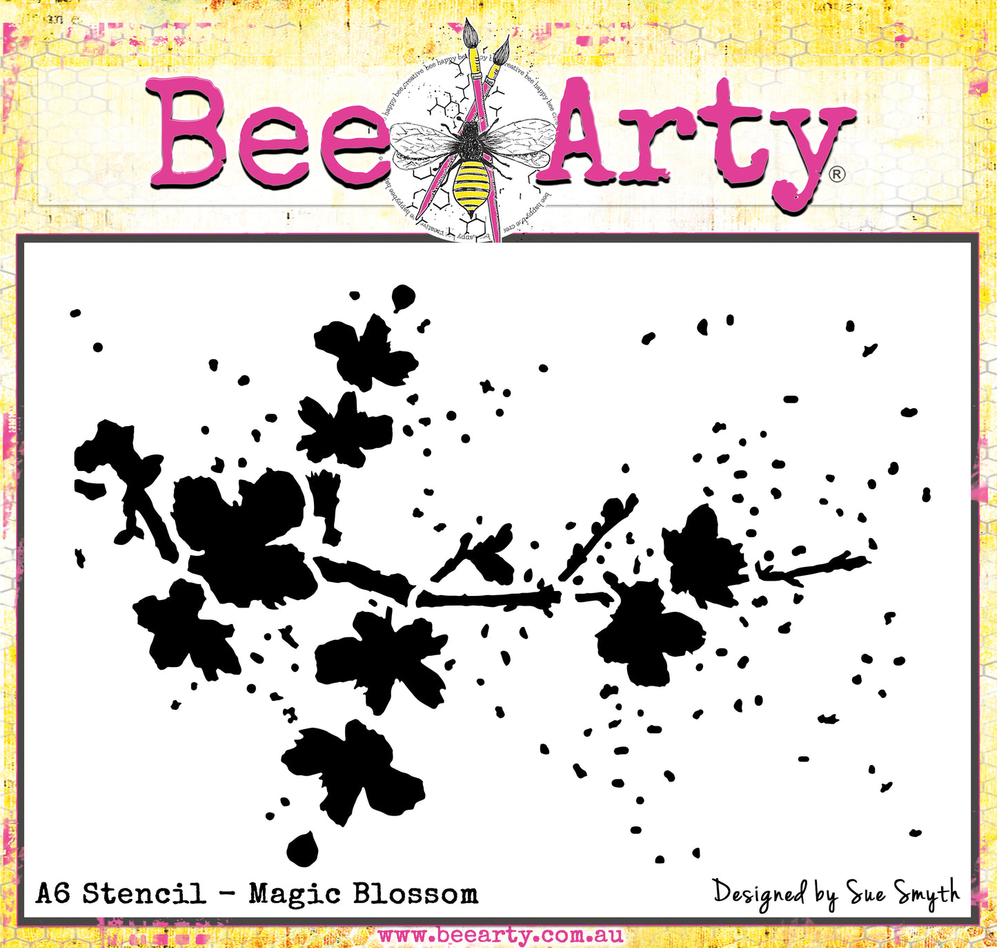 Bee Arty Magic Blossom A6 stencil showing a sweeping blossom branch with scattered flowers and petals from the Potions and Posies collection