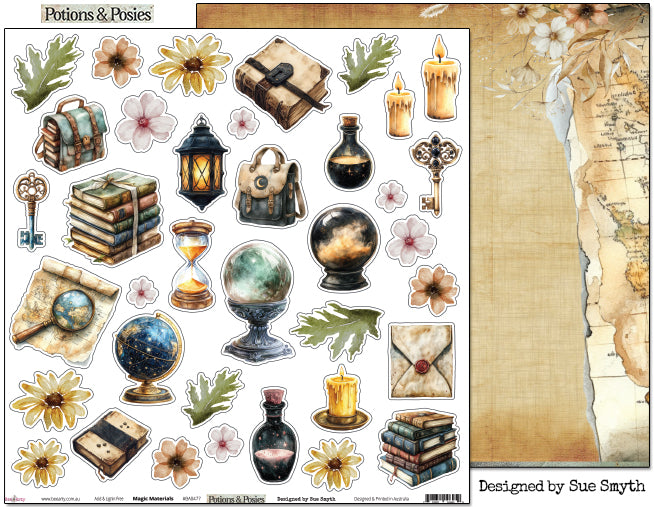 Bee Arty Potions and Posies Magic Materials 12x12 paper showing front fussy cut elements sheet alongside reverse vintage map background