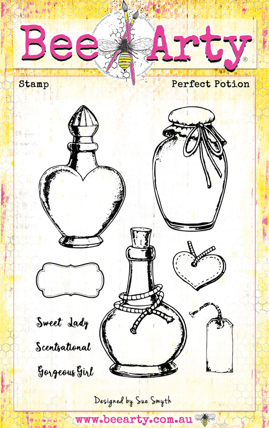 Bee Arty Perfect Potion clear stamp set showing potion bottles, jar, label, heart tag, gift tag and sentiments from the Potions and Posies collection 