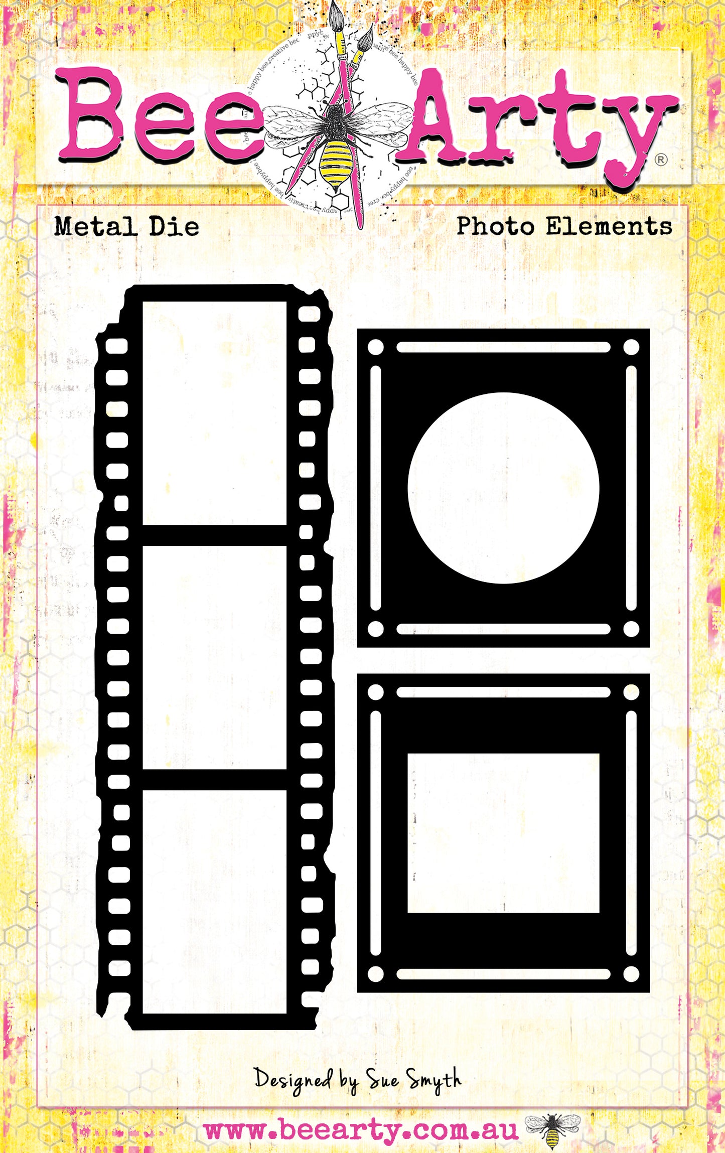 Bee Arty Photo Elements Metal Die set showing film strip die and two square photo frame dies from the Potions and Posies collection
