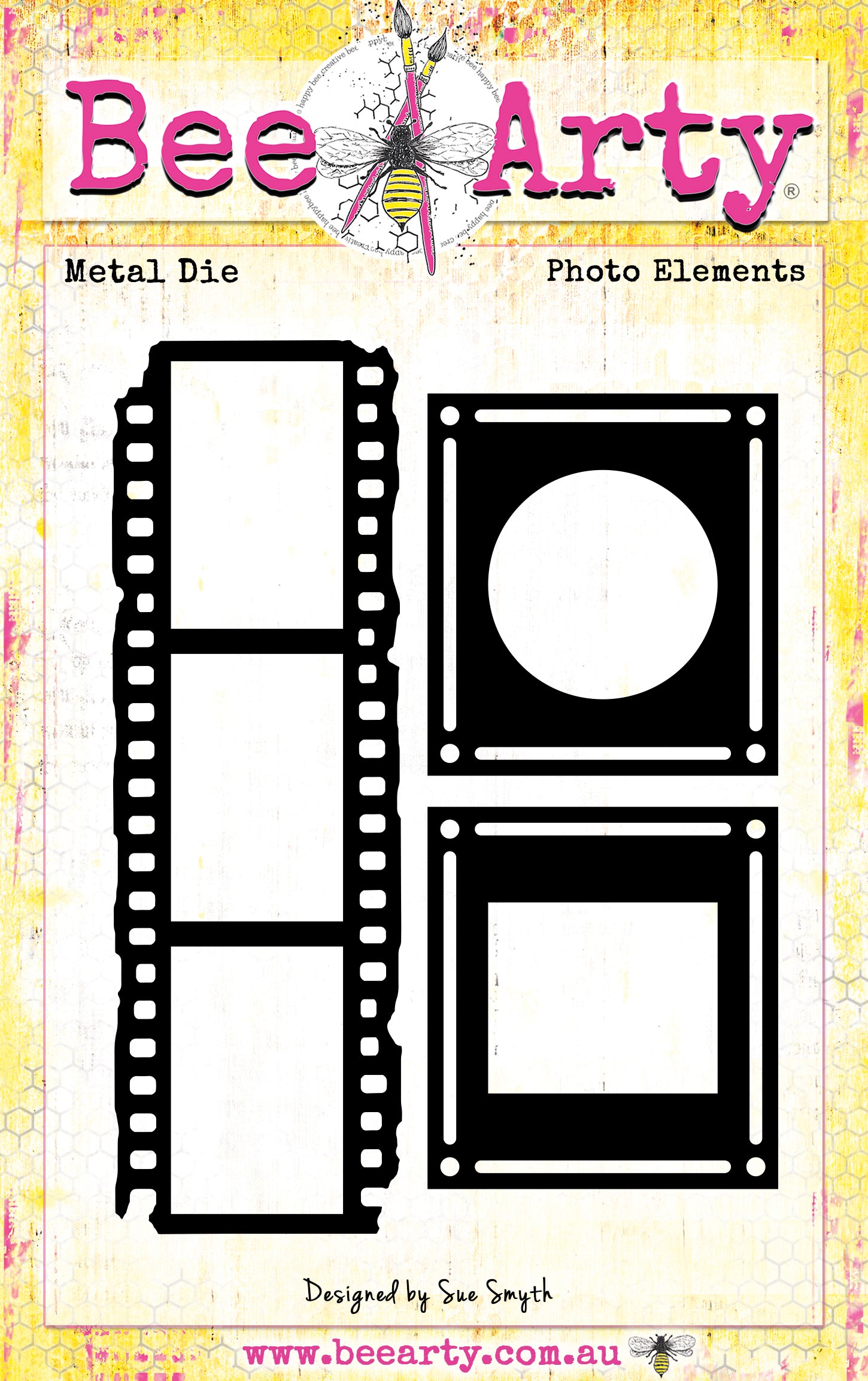 Bee Arty Photo Elements Metal Die set showing film strip die and two square photo frame dies from the Potions and Posies collection