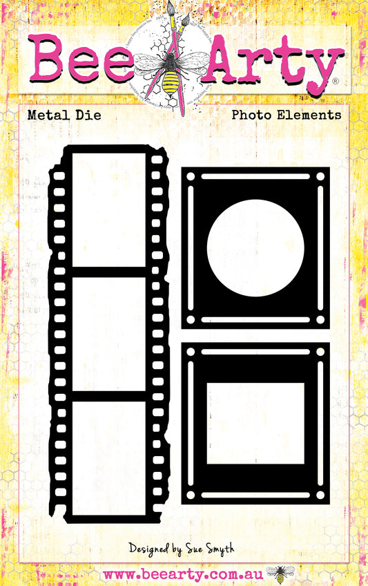 Bee Arty Photo Elements Metal Die set showing film strip die and two square photo frame dies from the Potions and Posies collection