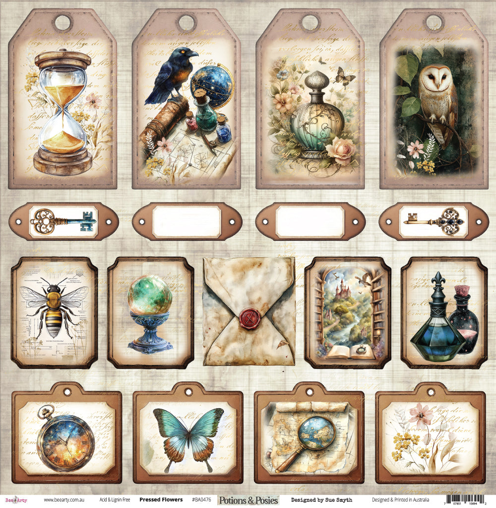 Front side of Bee Arty Potions and Posies Pressed Flowers 12x12 paper showing journalling tags and framed ephemera elements including hourglass raven owl crystal ball and butterfly