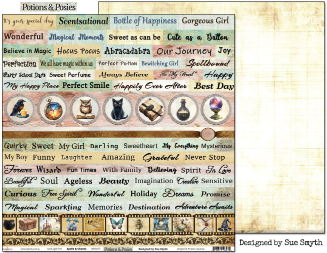 Bee Arty Potions and Posies Spells and Chants 12x12 paper showing front sentiment sheet alongside reverse aged linen background