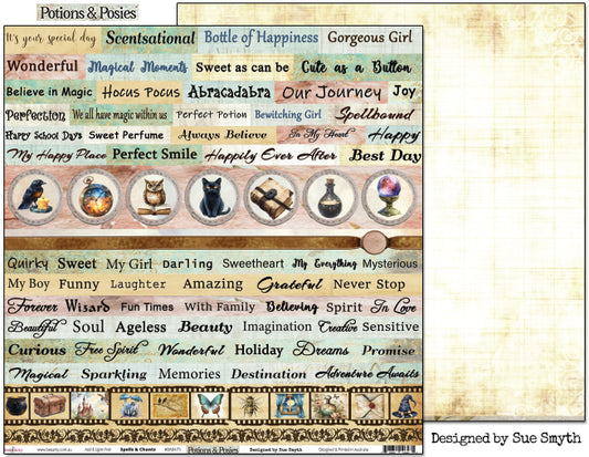 Bee Arty Potions and Posies Spells and Chants 12x12 paper showing front sentiment sheet alongside reverse aged linen background