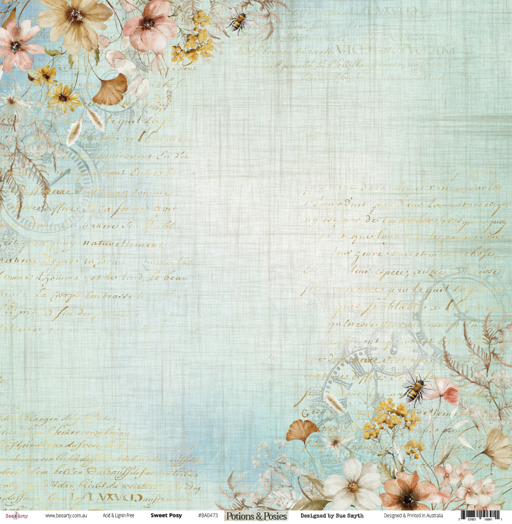 Front side of Bee Arty Potions and Posies Sweet Posy 12x12 paper showing soft teal linen background with vintage script clock faces honeybees and wildflower corner clusters
