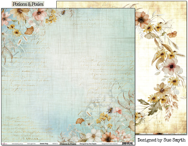 Bee Arty Potions and Posies Sweet Posy 12x12 paper showing teal linen front with floral corners alongside warm linen reverse with wildflower wreath