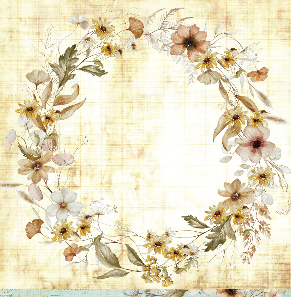 Reverse side of Bee Arty Potions and Posies Sweet Posy 12x12 paper showing a circular wildflower wreath with cosmos daisies and black-eyed Susans on warm aged linen background