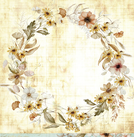 Reverse side of Bee Arty Potions and Posies Sweet Posy 12x12 paper showing a circular wildflower wreath with cosmos daisies and black-eyed Susans on warm aged linen background
