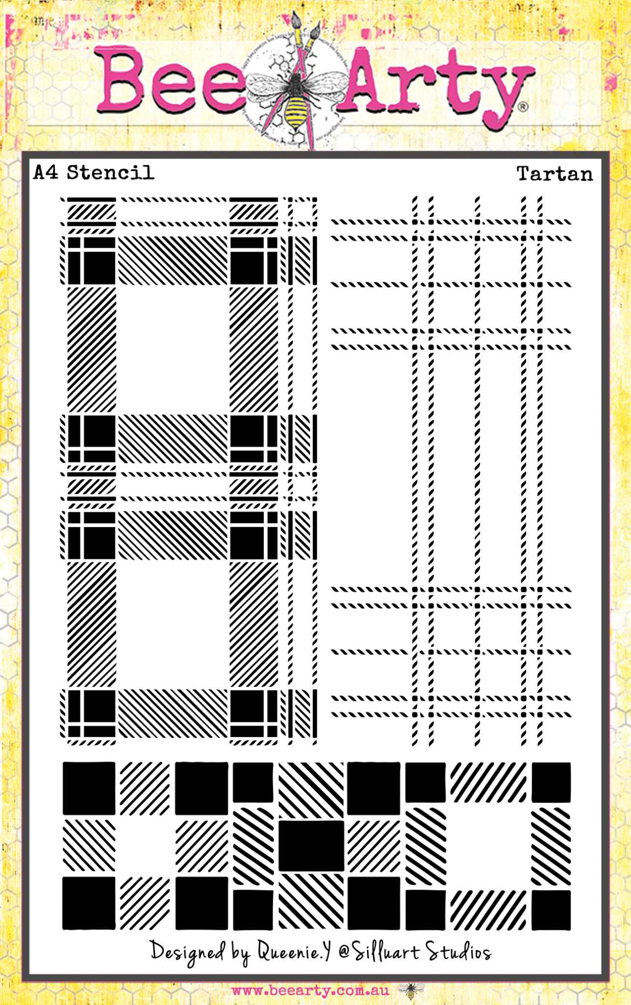 Bee Arty Tartan A4 stencil designed by Queenie Y, featuring three tartan and plaid pattern variations on one 210x297mm sheet including a bold dense tartan with diagonal hatching and solid blocks, an open plaid grid, and a checkerboard tartan with diagonal stripe blocks