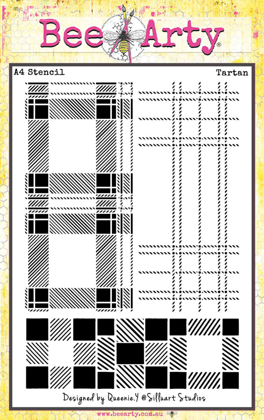 Bee Arty Tartan A4 stencil designed by Queenie Y, featuring three tartan and plaid pattern variations on one 210x297mm sheet including a bold dense tartan with diagonal hatching and solid blocks, an open plaid grid, and a checkerboard tartan with diagonal stripe blocks