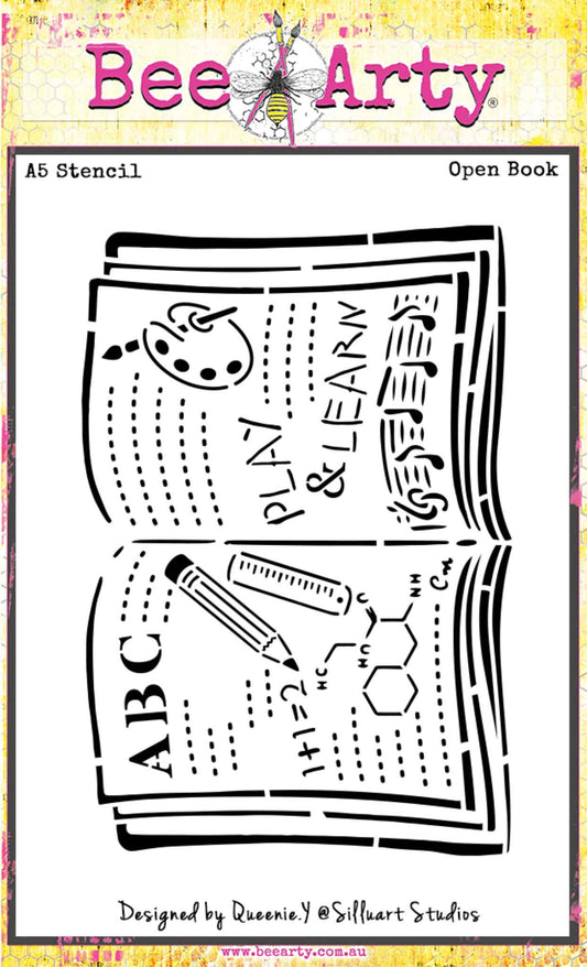 Bee Arty Open Book A5 stencil designed by Queenie Y, featuring a detailed open book with left page showing pencil, ruler, ABC lettering, maths equations and chemistry molecule diagram, and right page showing paint palette, musical notes and Play and Learn text, 210x148mm