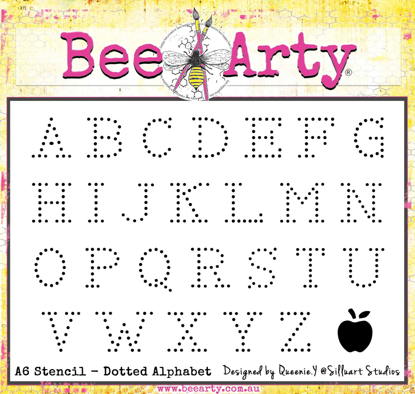 Bee Arty Dotted Alphabet A6 stencil designed by Queenie Y, featuring full uppercase alphabet A to Z in a chunky dotted block font plus a bonus apple icon, approx 10.5x14.8cm