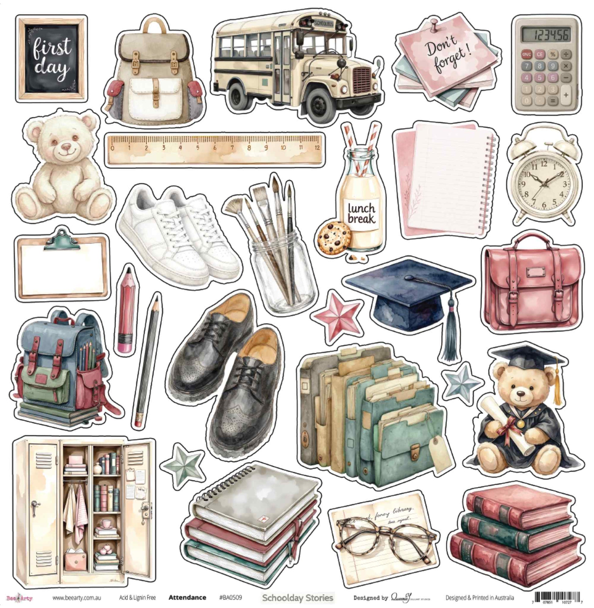 Bee Arty Schoolday Stories Attendance 12x12 scrapbooking paper - front side featuring watercolour school-themed illustrations including a school bus, backpacks, books, shoes, graduation bear, locker and stationery items, designed for fussy cutting