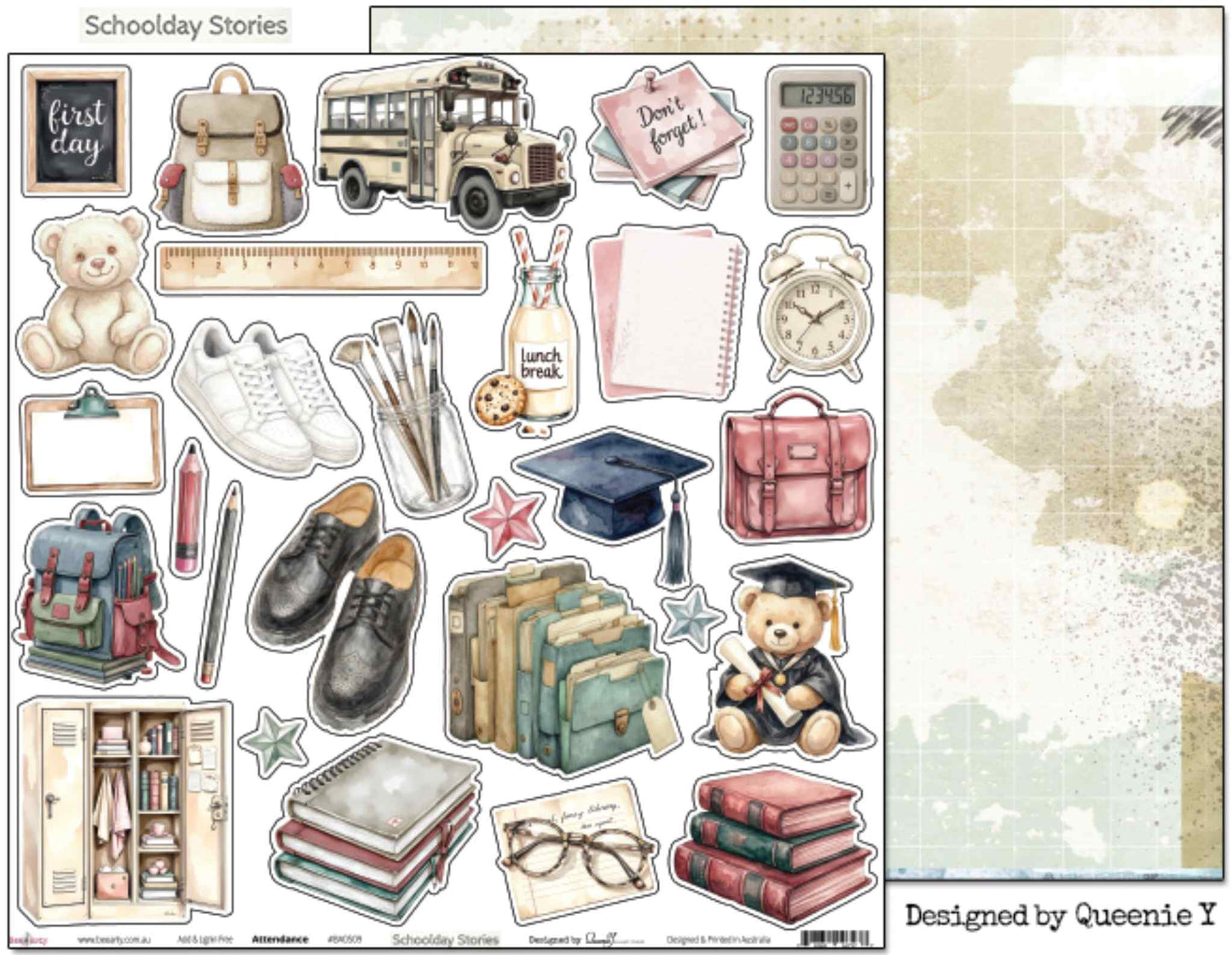 Bee Arty Schoolday Stories Attendance 12x12 scrapbooking paper - flat lay of full sheet showing watercolour school-themed illustrations designed for fussy cutting on white background 